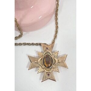 Avon Gold Tone Cross Pendant Necklace Brooch‎ Smoky Topaz Rhinestones
